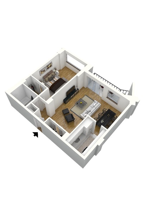 Floor plan for 1 bed, 1 bath, 725 sqft